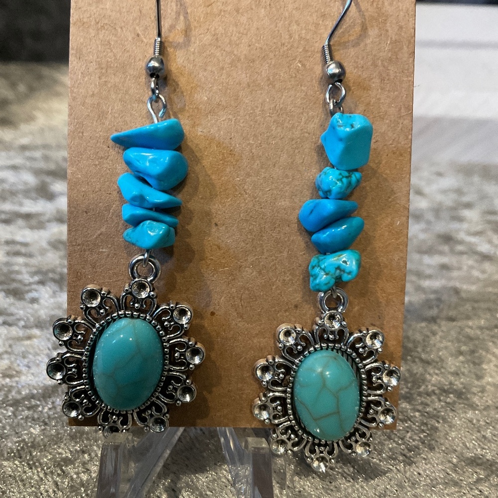 Faux Turquoise and Silver Medallion Dangle Pierced Earrings